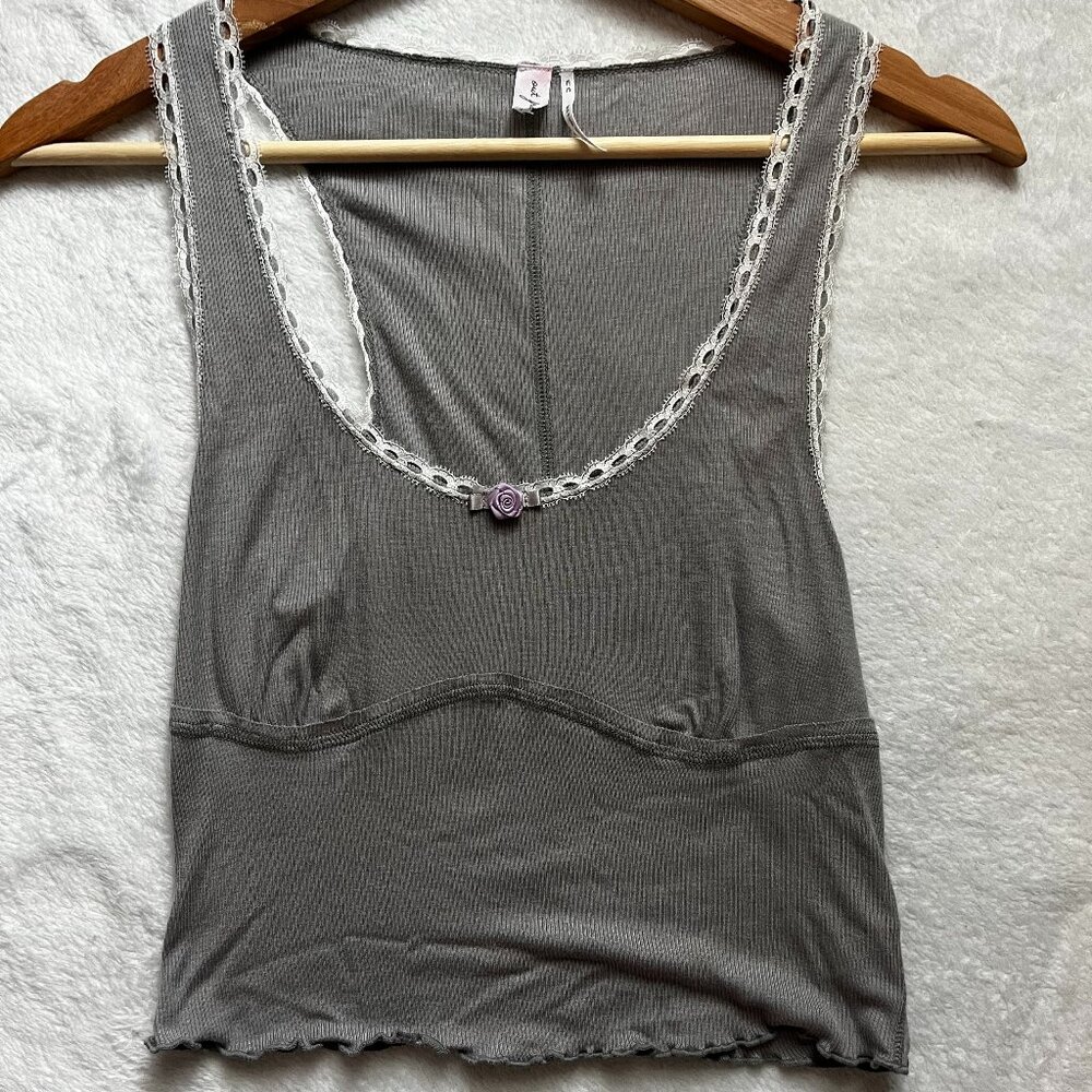 Grey Lace Coquette Cropped Tank Top with Lettuce Trim and Purple Rose Detail